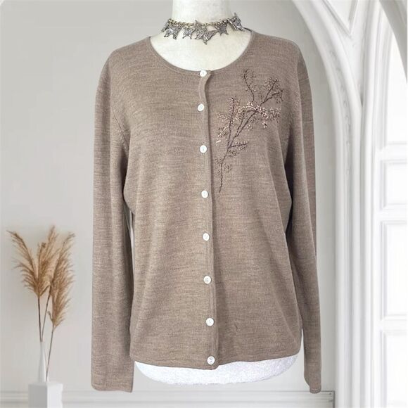 Valerie Stevens 100% Extra Fine Merino Wool Embroidered Cardigan M FLAWED - Picture 1 of 7